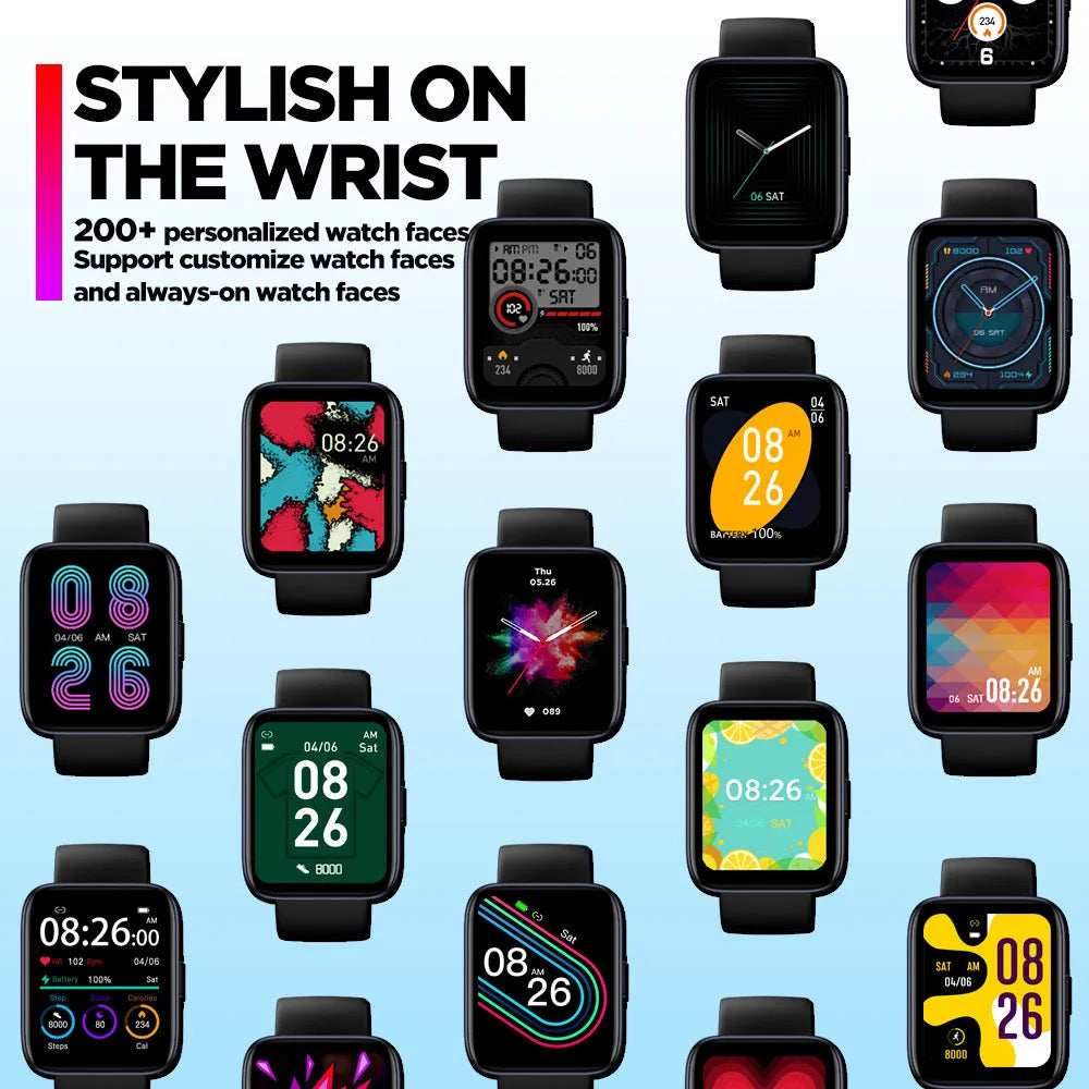 Black GPS smart watch with rubber strap and 1.78-inch LCD display on wrist.