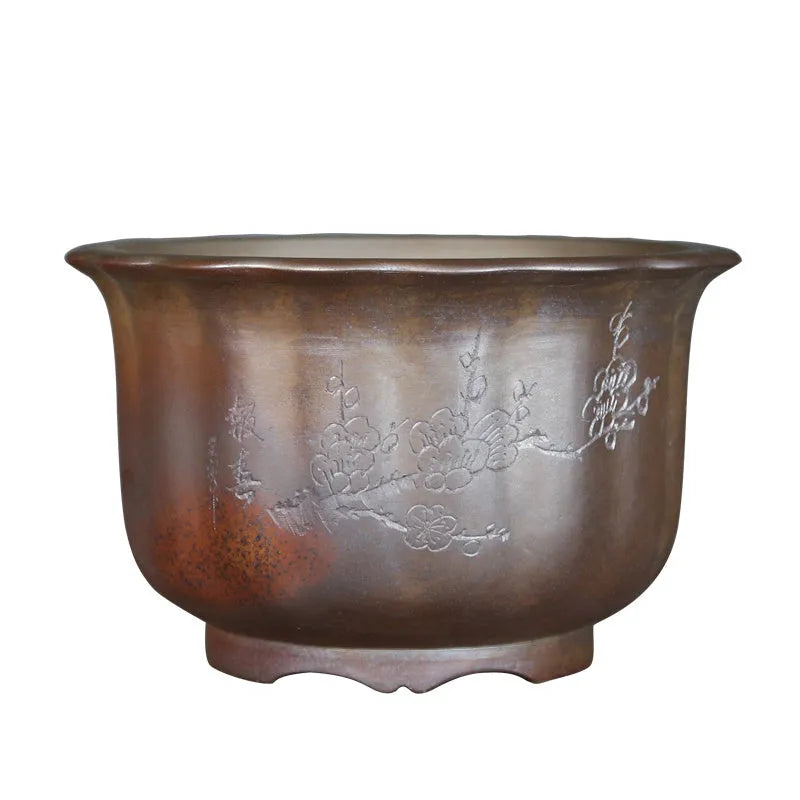 Large antique carved purple sand ceramic flower pot with wood-burning finish for indoor bonsai.