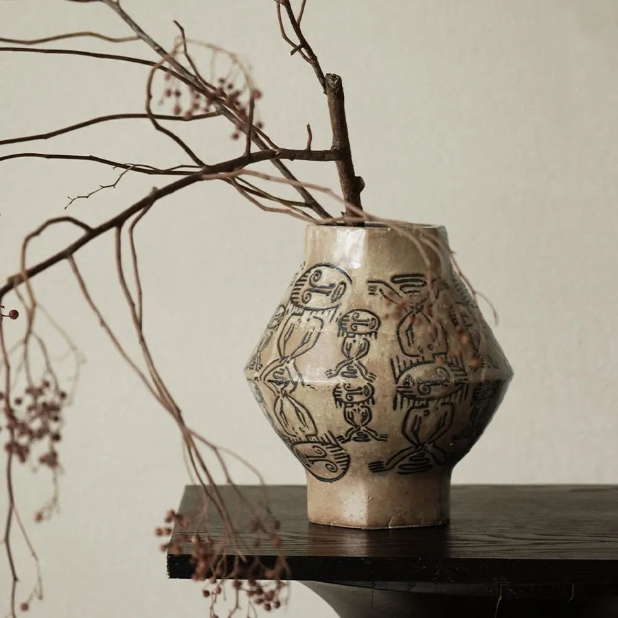 Hand-painted ceramic cylindrical vase with vintage carved art and tribal totem flower design