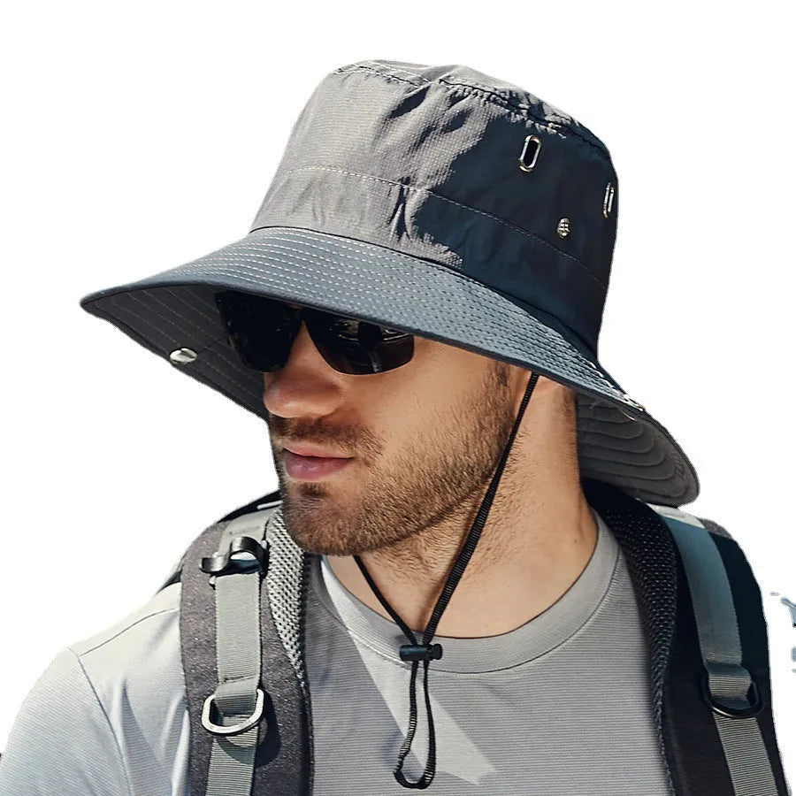 Men's big brim sun protection hat in khaki polyester fabric with dome crown, adult free size 58-60cm