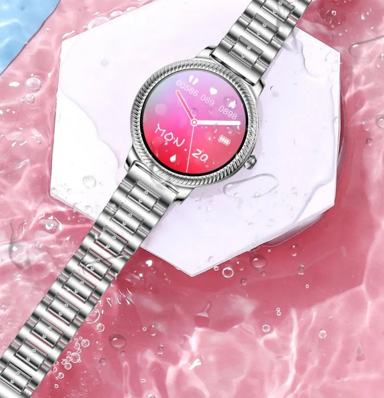 AK38 ladies smart watch with stainless steel Milanese strap and 1.09-inch colour screen.