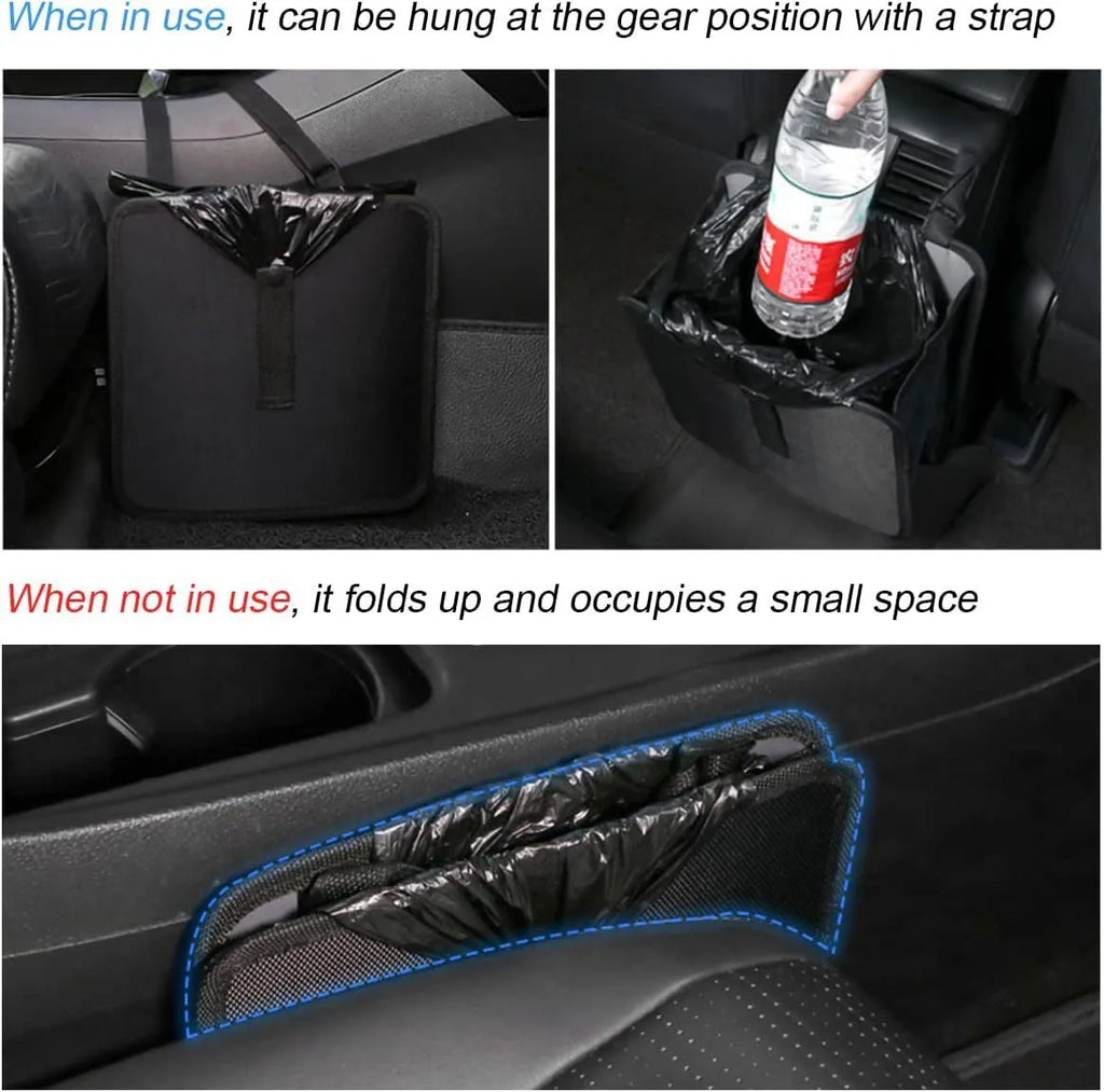 Black waterproof oxford cloth folding trash can for cars, shown with dimensions.