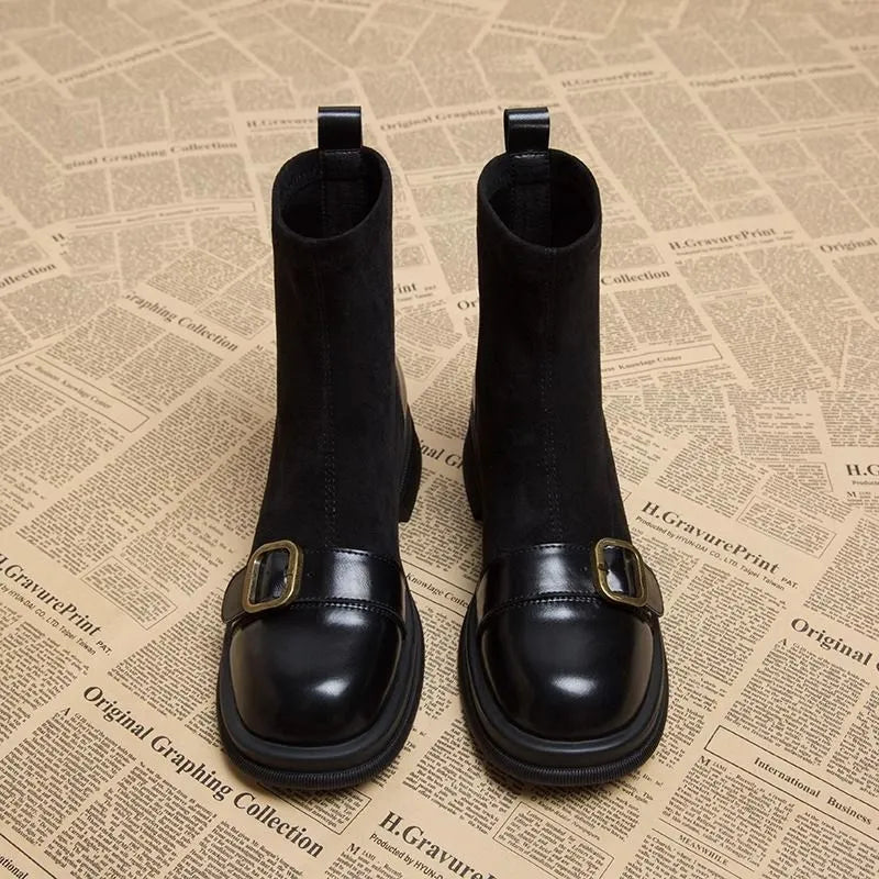 Retro British style brown sock boots for women with block heel, leather splicing, belt buckle, and round toe