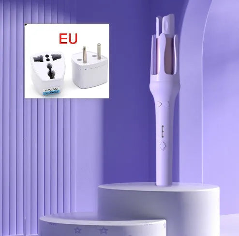 White and pink automatic hair curler with a rotating 32mm ceramic barrel and a power plug.