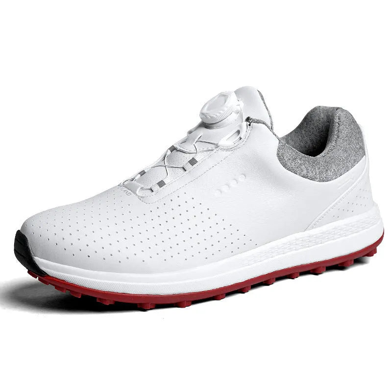 Men's white and black casual golf shoes with breathable hollow-out pattern and MD sole