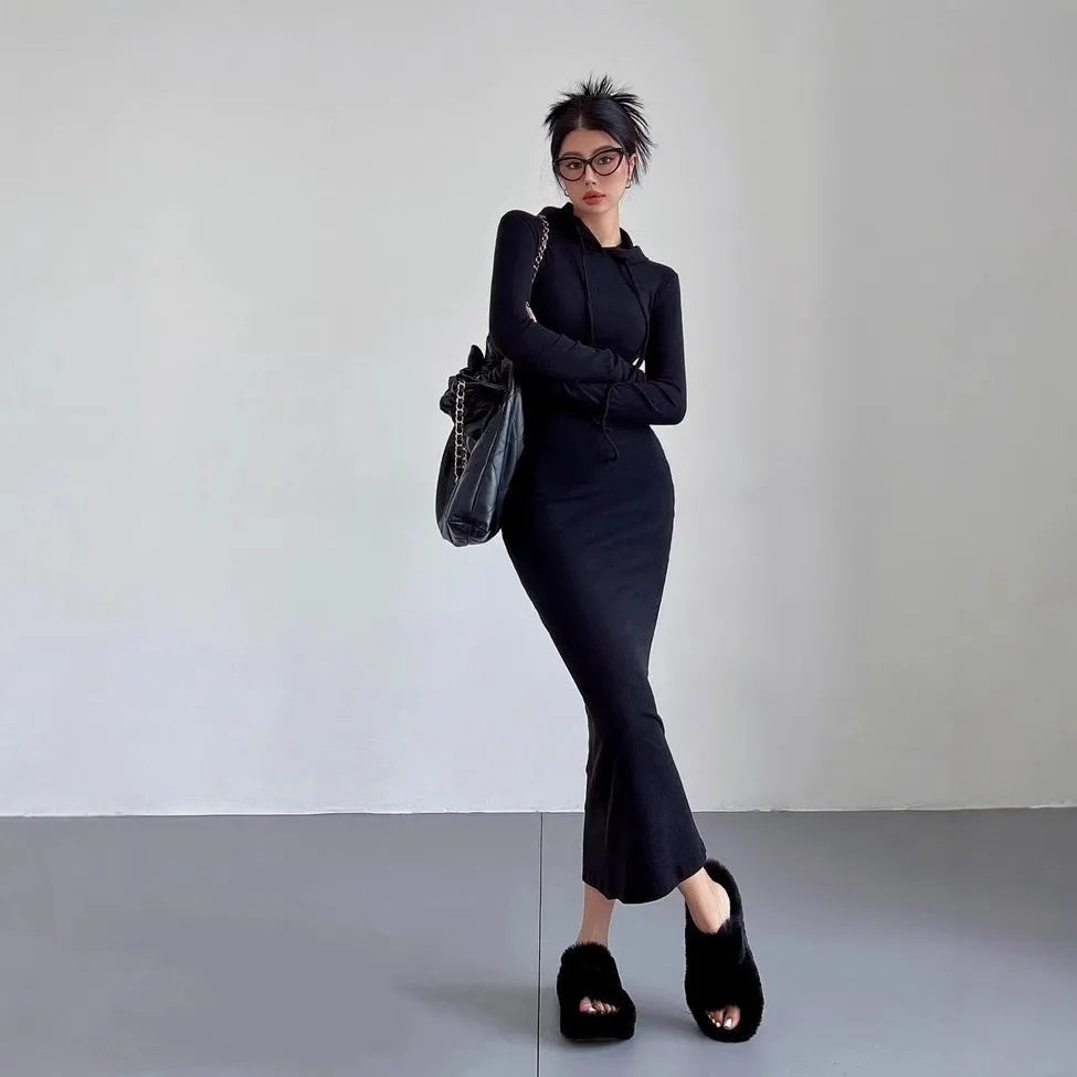 Women's long sleeve hooded sheath dress in polyester, shown in light grey colour