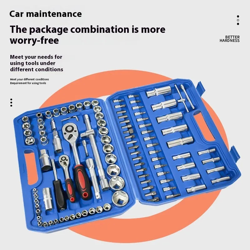 82-piece auto repair tool set with ratchet wrench and combination tools in a galvanised blue case