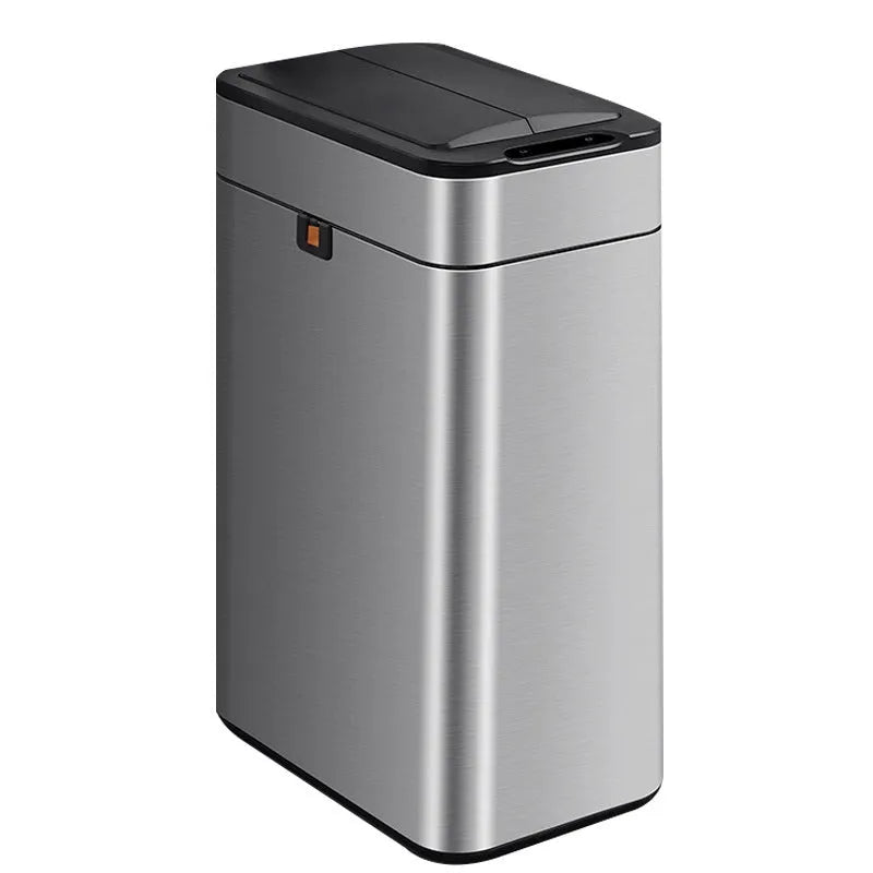 Stainless steel inductive smart trash can with a square shape and deodorant function.