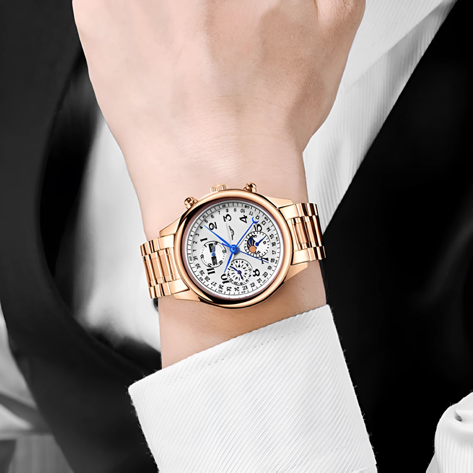 Men's mechanical perpetual calendar watch with moon phase display on 41mm case