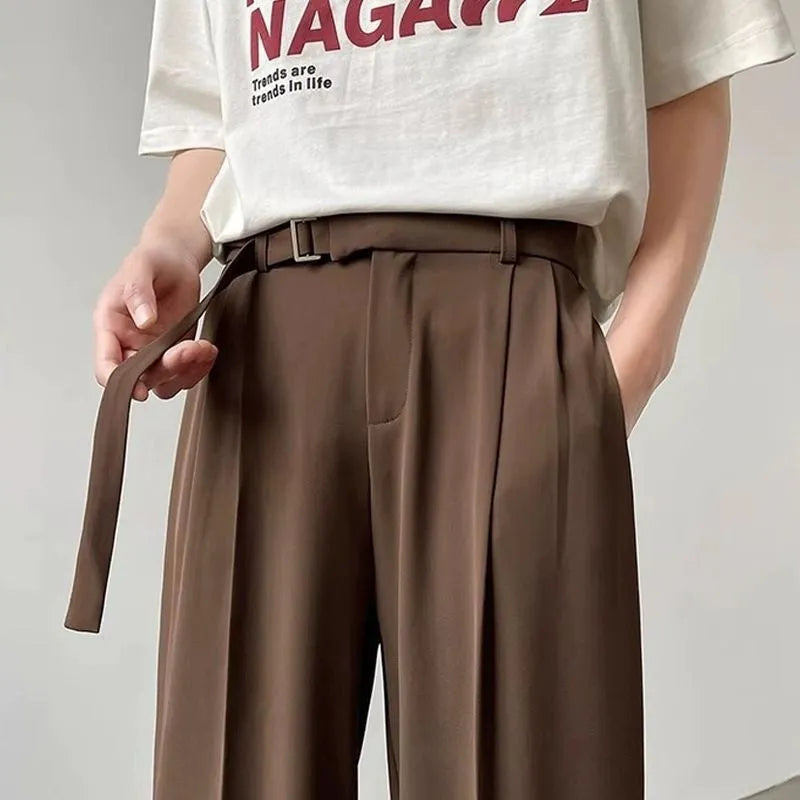 Thin straight black wide leg trousers with non-ironing chemical fibre blend fabric