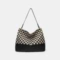 One-shoulder canvas PU stitching crossbody bag in black with horizontal square shape and open outer pocket