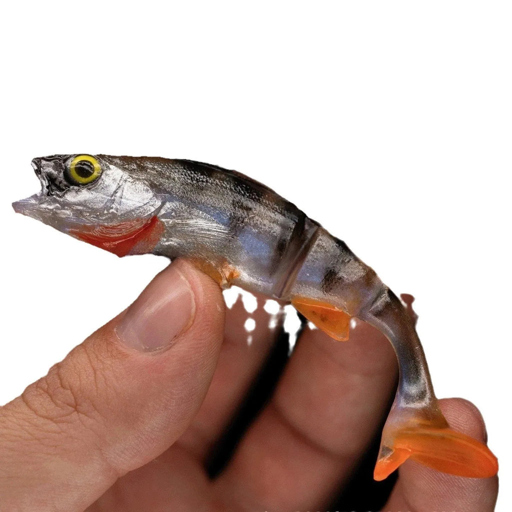 Two soft plastic fishing lures with fish T-tail scissor design and realistic fish colour pattern