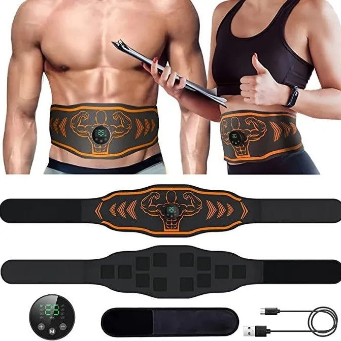 Blue and orange Smart Massage Belt EMS sets showing rechargeable host unit, adjustable fitness belt, and arm muscle stickers.