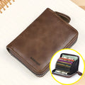 Dark brown women's anti-degaussing card holder with sewing line detail holding 9 cards and 2 IDs