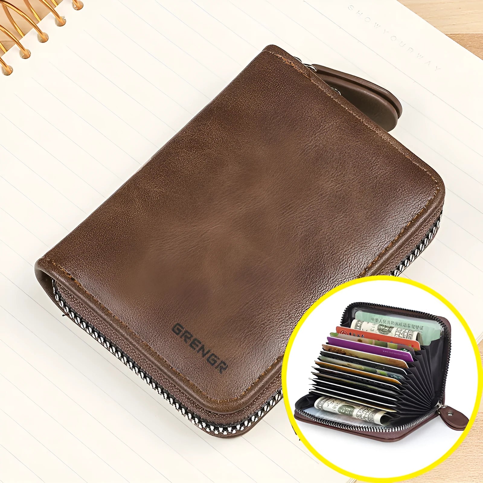 Dark brown women's anti-degaussing card holder with sewing line detail holding 9 cards and 2 IDs