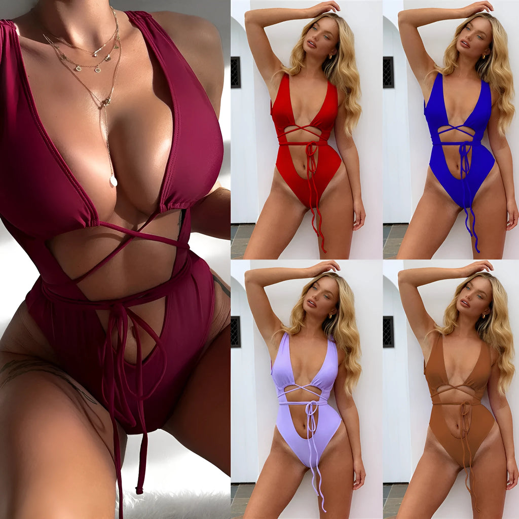 Women's brown one-piece swimsuit with hollow-out strap design for swimming