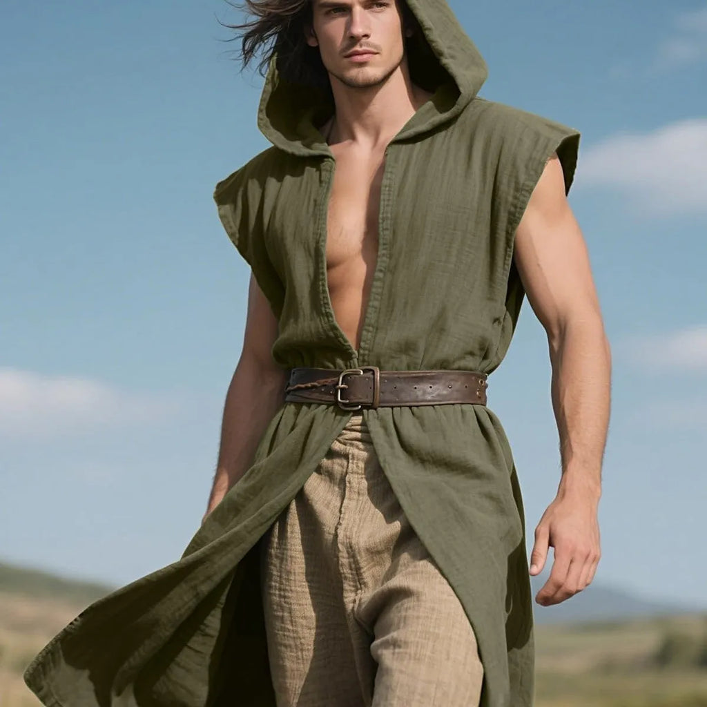 Cotton Renaissance short cloak for men in gray, front view, costume for Halloween and medieval events