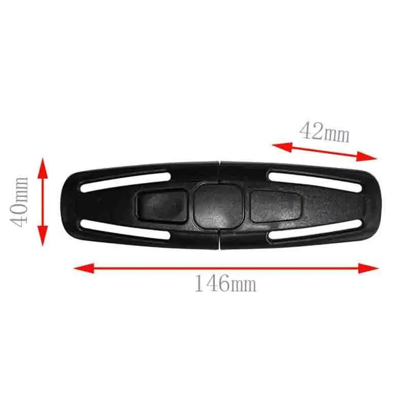 Black nylon seat belt clip for child car seat harness management.