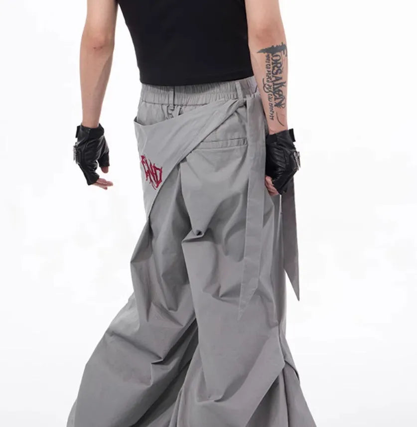 Korean style wide-leg function pants for boys in black solid colour with relaxed fit