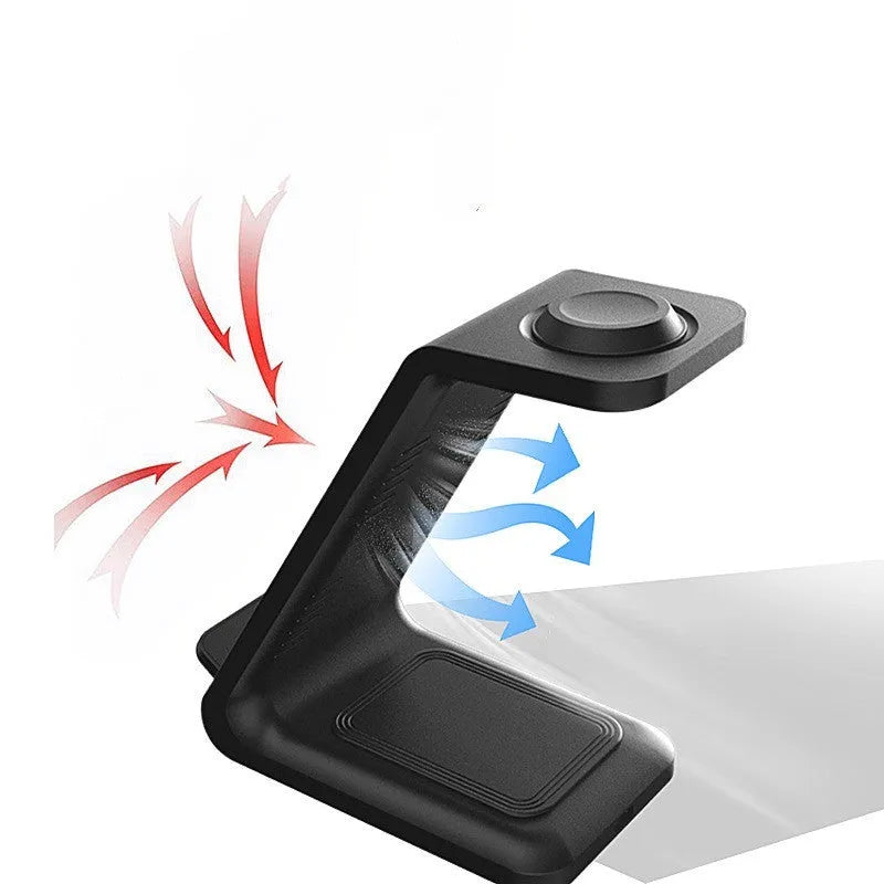 White 3-in-1 upright wireless charging stand holding a mobile phone in landscape orientation on a desk.