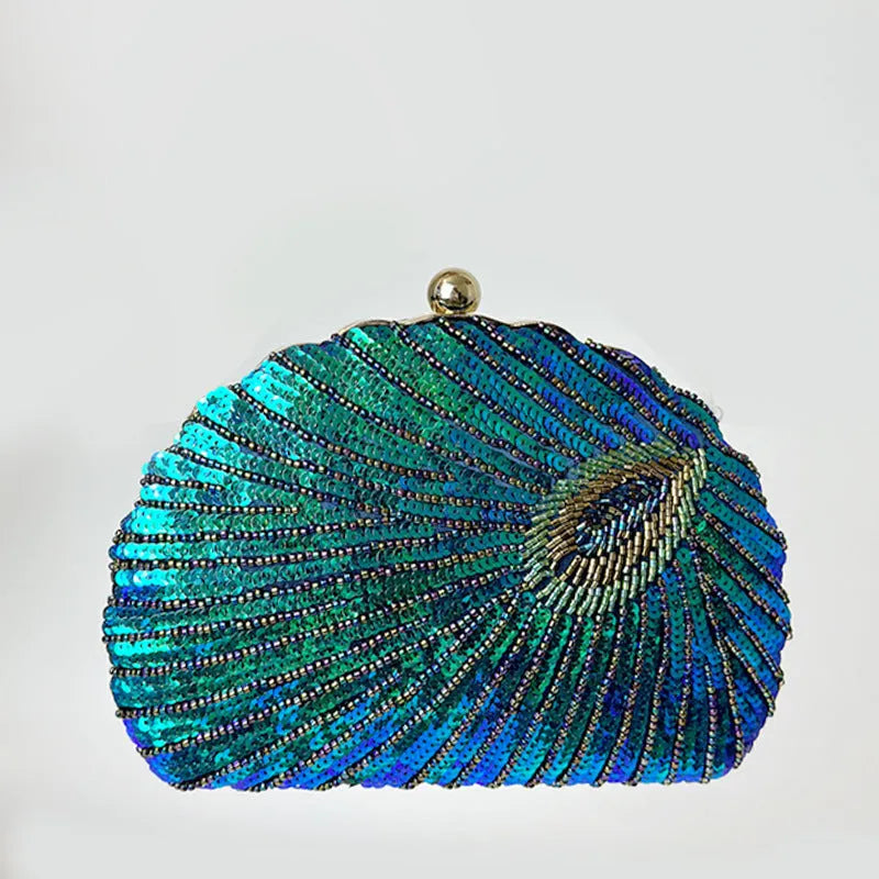 Women's vintage beaded one-shoulder crossbody chain handbag in blue, black, gold, silver or red with phone and ID pockets.