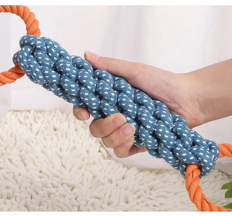 Blue cotton knot rope dog chew toy with double-ring braided bone design