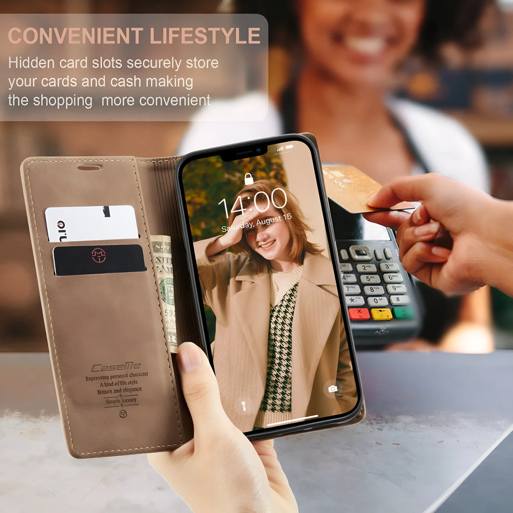 Mobile phone holster flip cover in black, clamshell design, PU+TPU material, compatible with iPhone models.