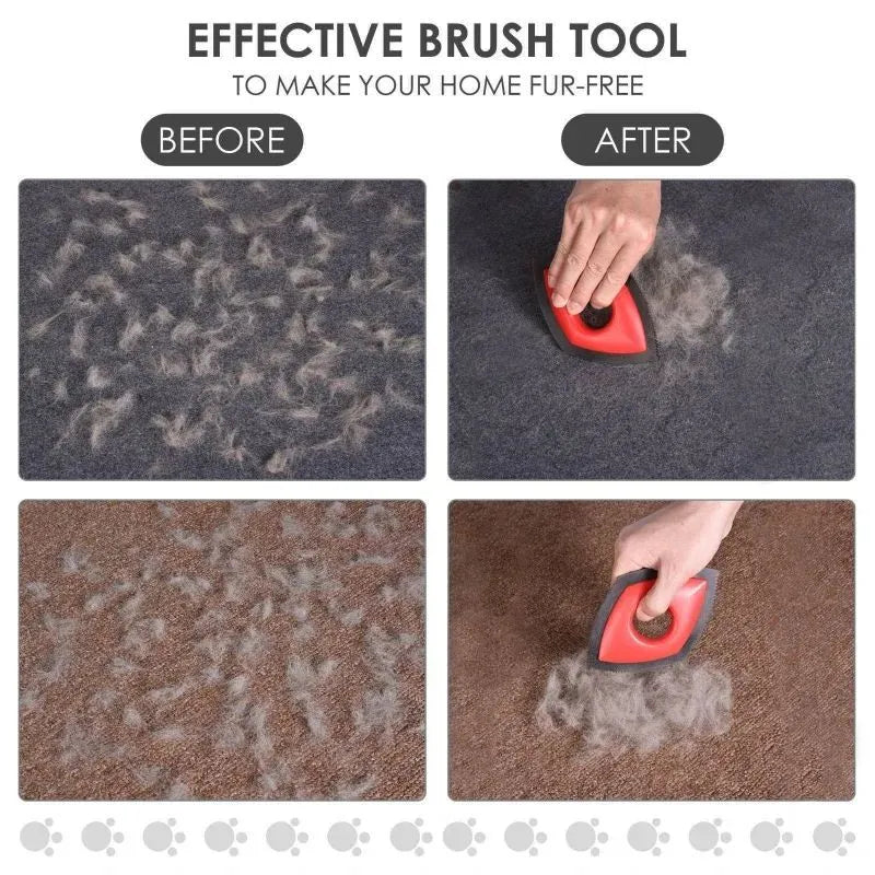 Handheld silicone pet hair removal brush in red on a carpet
