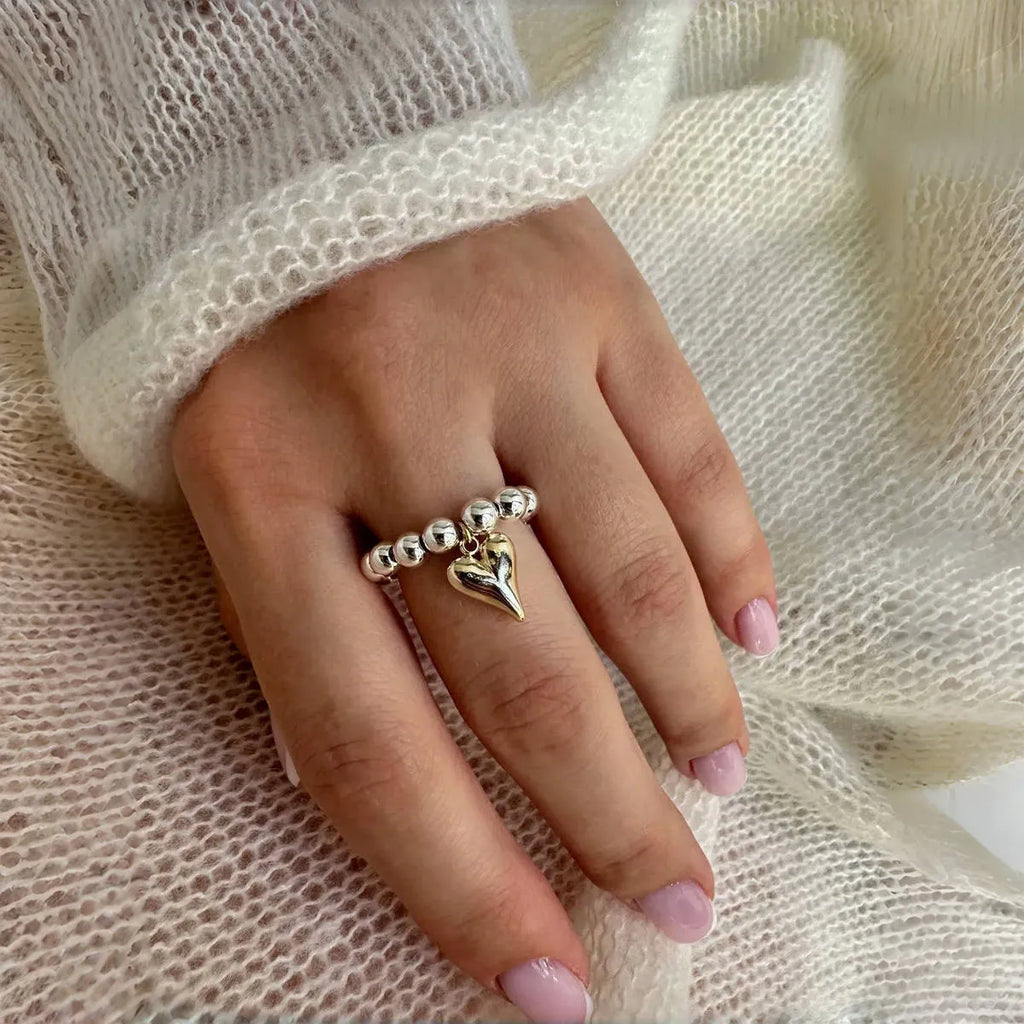 Handmade beaded elastic ring with geometric love heart design in gold or silver electroplated finish