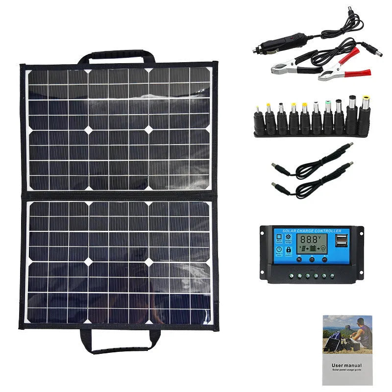 Black 40W solar panel folded inside a slim polyester bag, showing its compact 425mm by 285mm size.