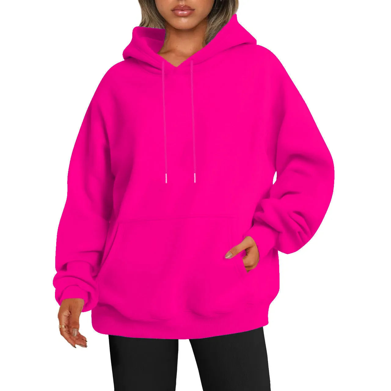 Unisex loose fit drop-shoulder sleeve hoodie in polyester, available in multiple colours for casual exercise and daily wear.