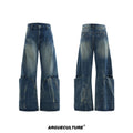 Man wearing verdant blue loose-fit jeans with a burst pattern wash and curved knife cut, front and side view.