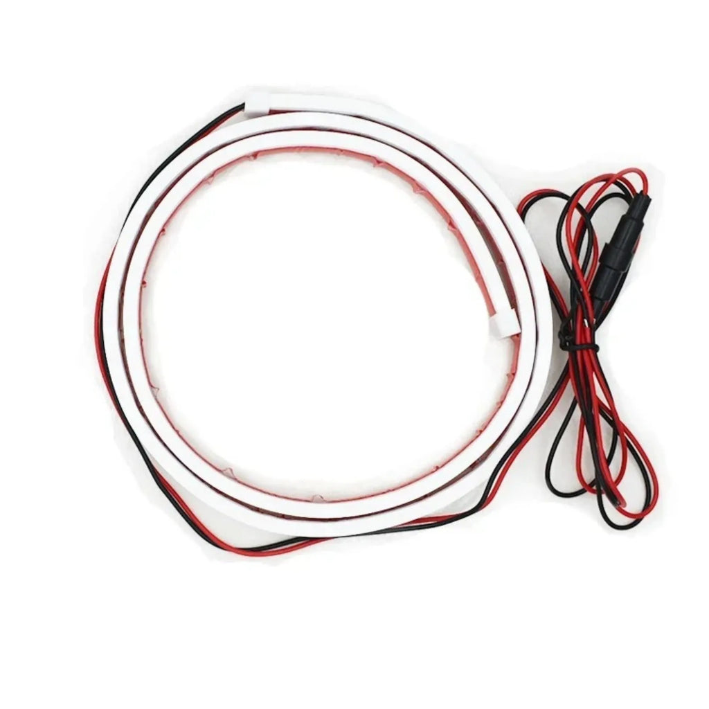 Flexible silicone LED daytime running light strip shown in white, red, and ice blue colours.