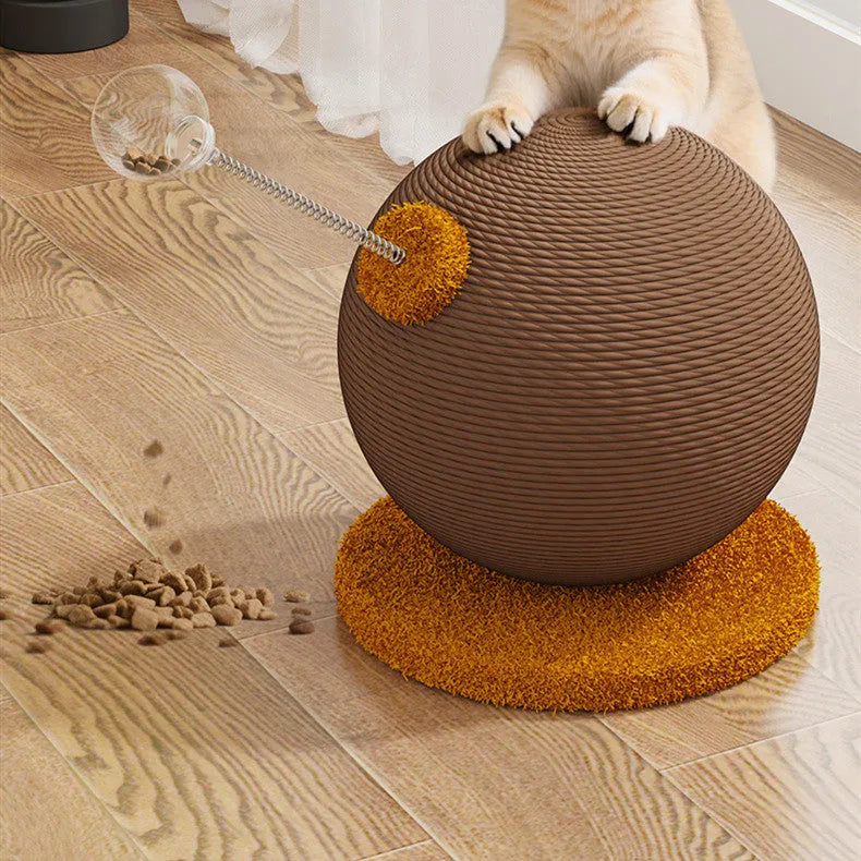 Sisal cat scratch board with dangling braided hemp rope toy and attached treat ball on a wooden base.