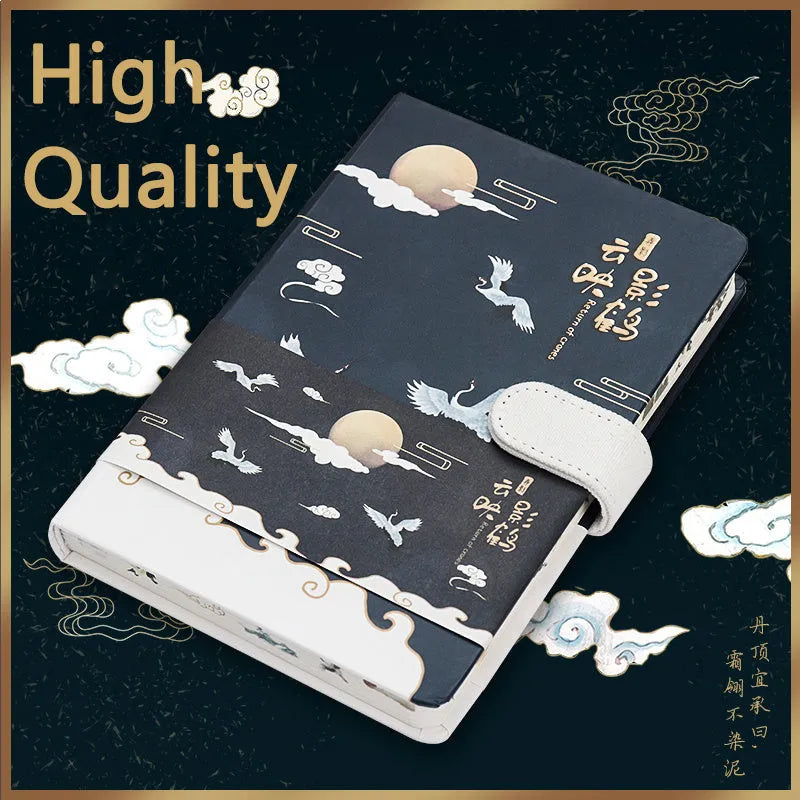 A5 wire-bound retro notebook open showing full-colour vintage illustrations, with a pen.