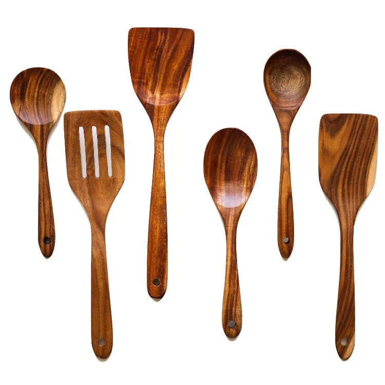 Seven-piece wooden cooking utensil set with spoons and spatulas for non-stick pans
