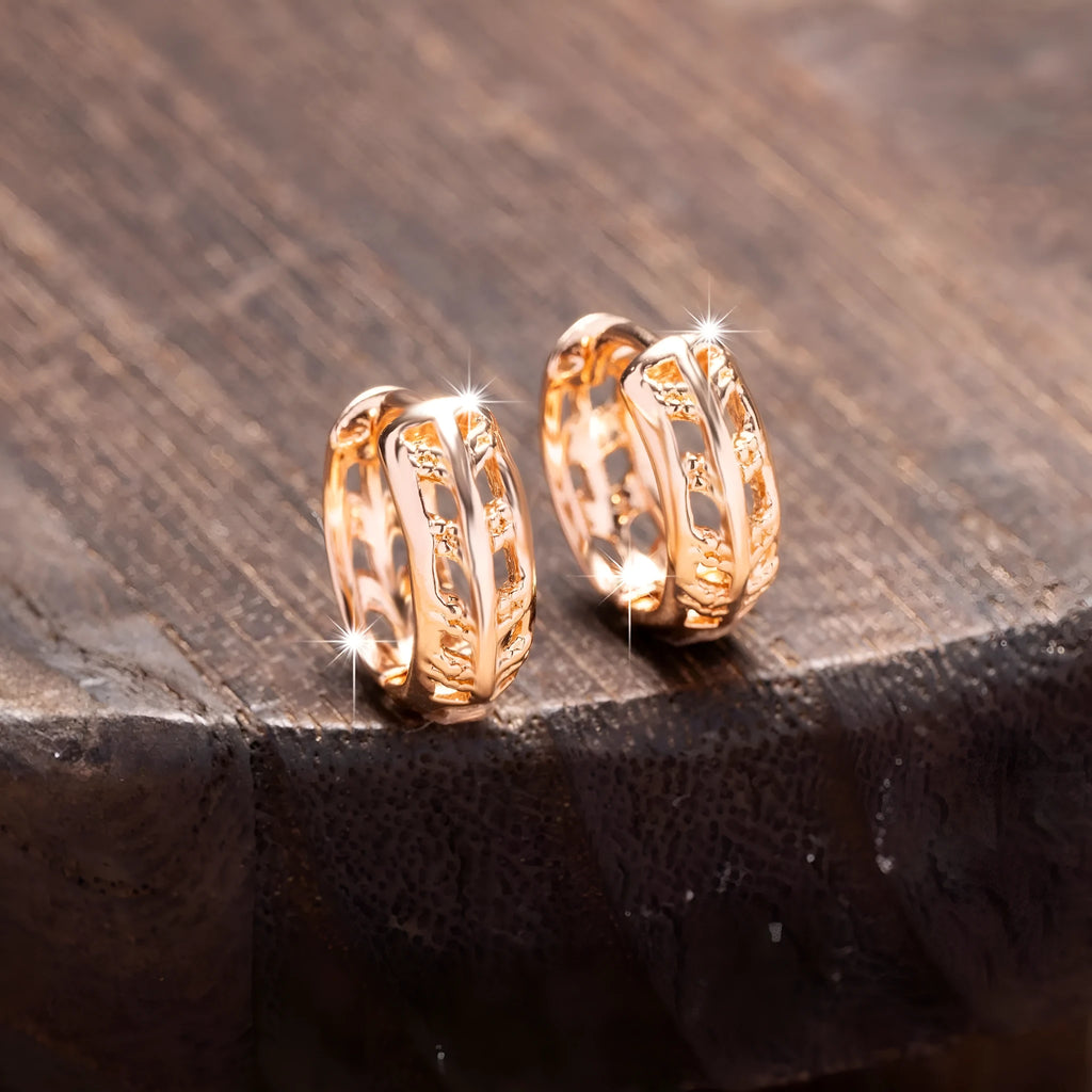 Rose gold copper earrings with hollow leaf and heart shapes, 1 pair