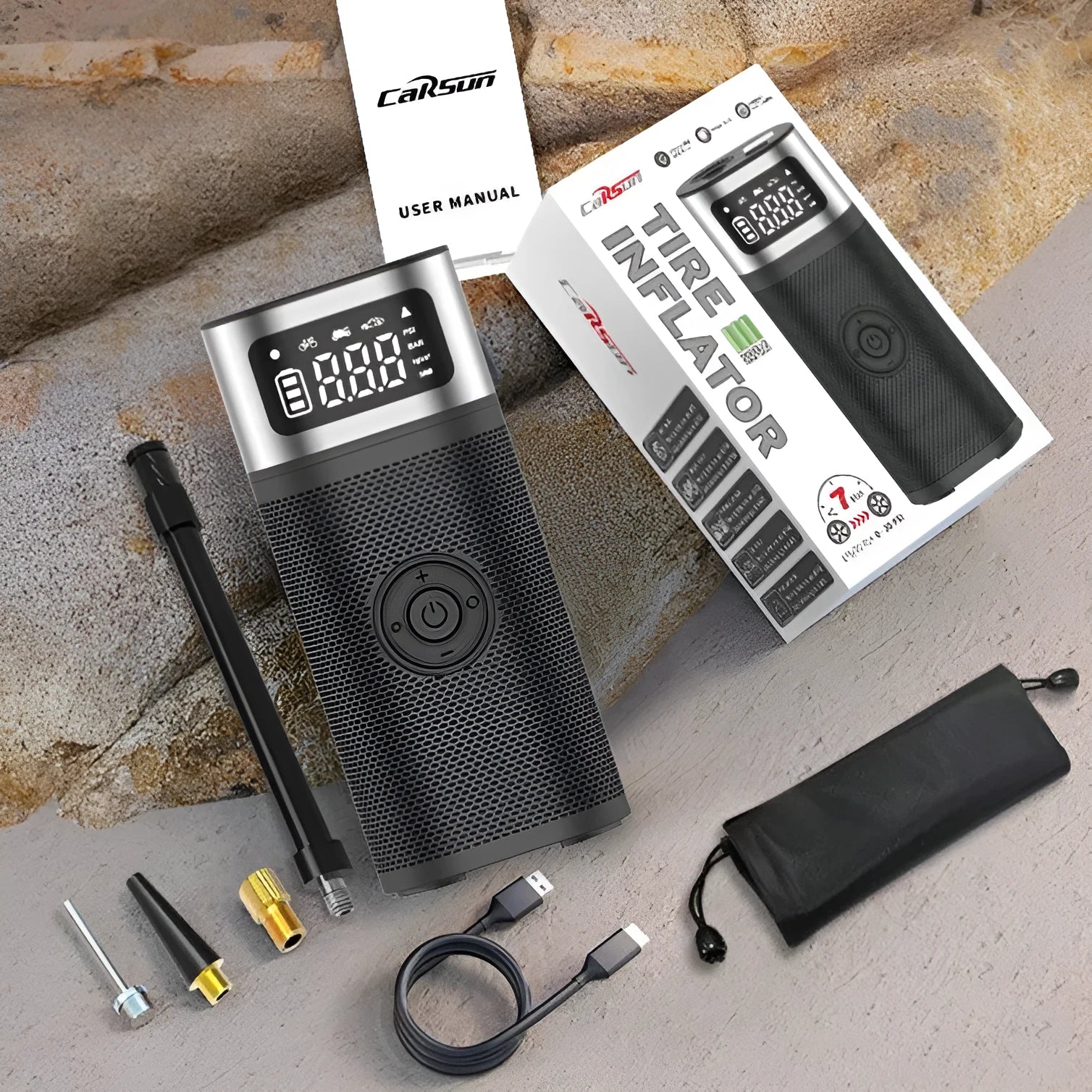 Black portable wireless air pump with LED light, 15cm tube, and accessory nozzles for car, bicycle, and ball inflation
