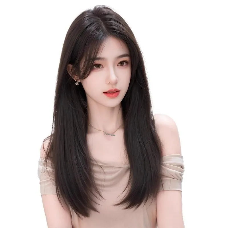 Brown black full-head wig with Chinese character bangs style made from high temperature fibre