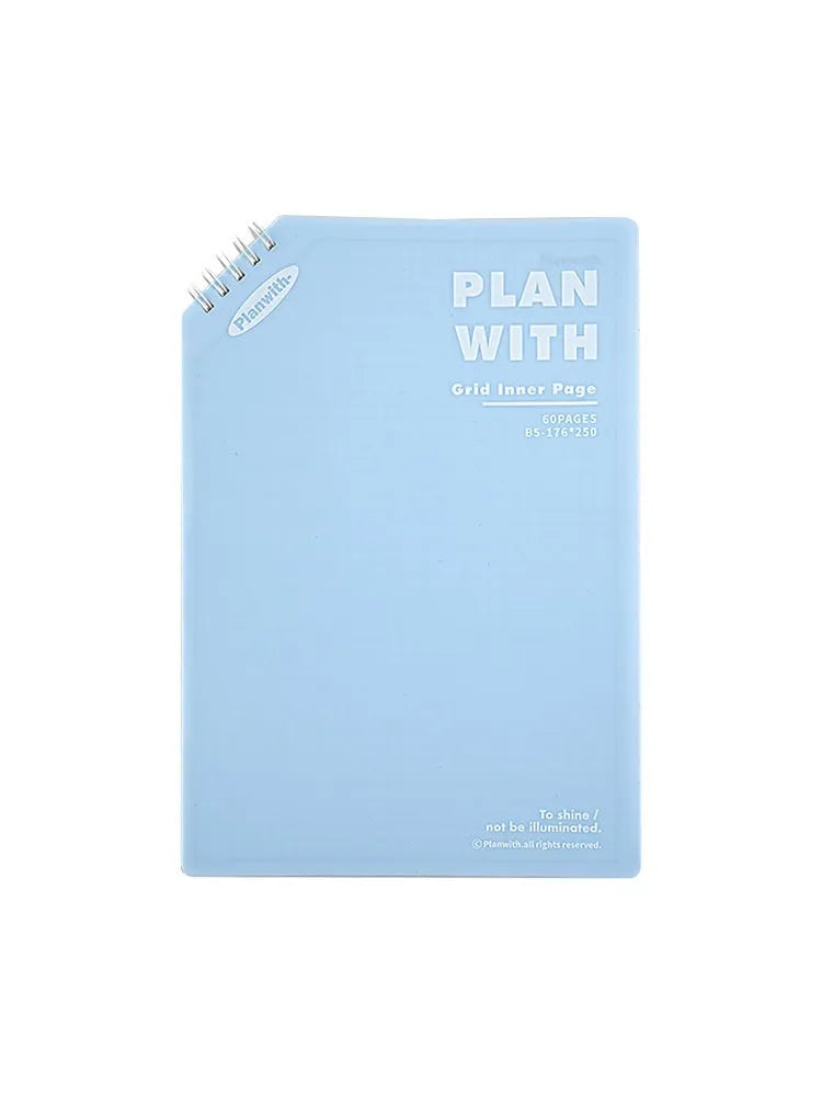 Oblique angle artsy draft notebook showing A5 and B5 sizes with white and blue plaid cover options.