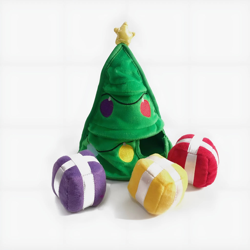 Cute Christmas food plush dog toy with squeaker, 21cm long, on a white background