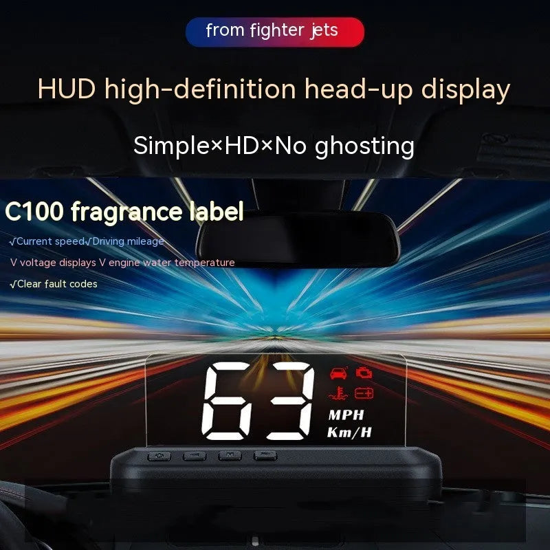 Black car head up display unit with 2.0 inch screen, showing OBD connection cable.