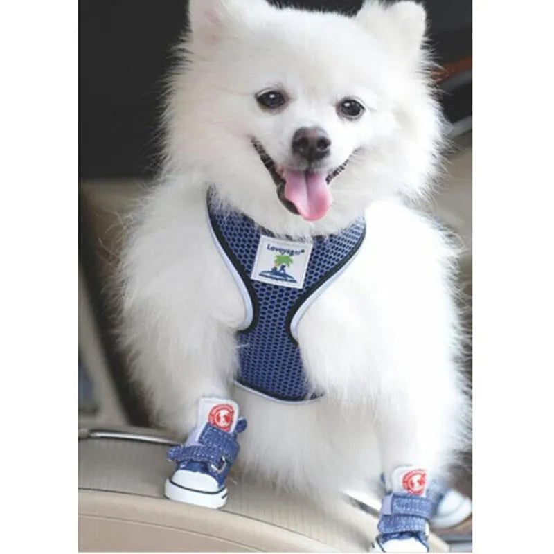 Small dog canvas shoes in blue or black, anti-slip cloth pet boots, sizes 1 to 5, set of 4.