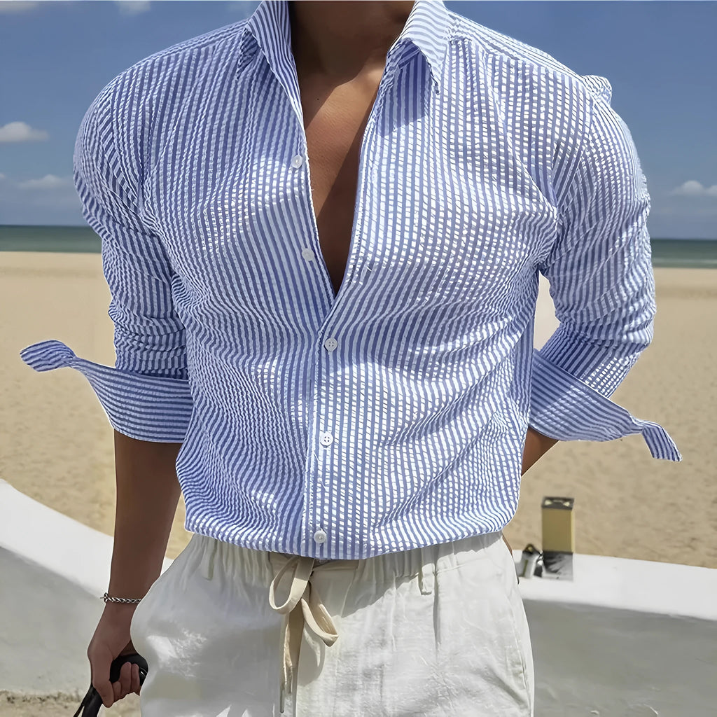 Men's striped cardigan lapel long sleeve shirt in polyester available in multiple colours.