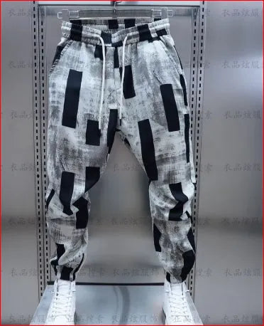 Men's Ice Silk loose trousers in black with high waist drawstring and ankle strap straight leg for summer