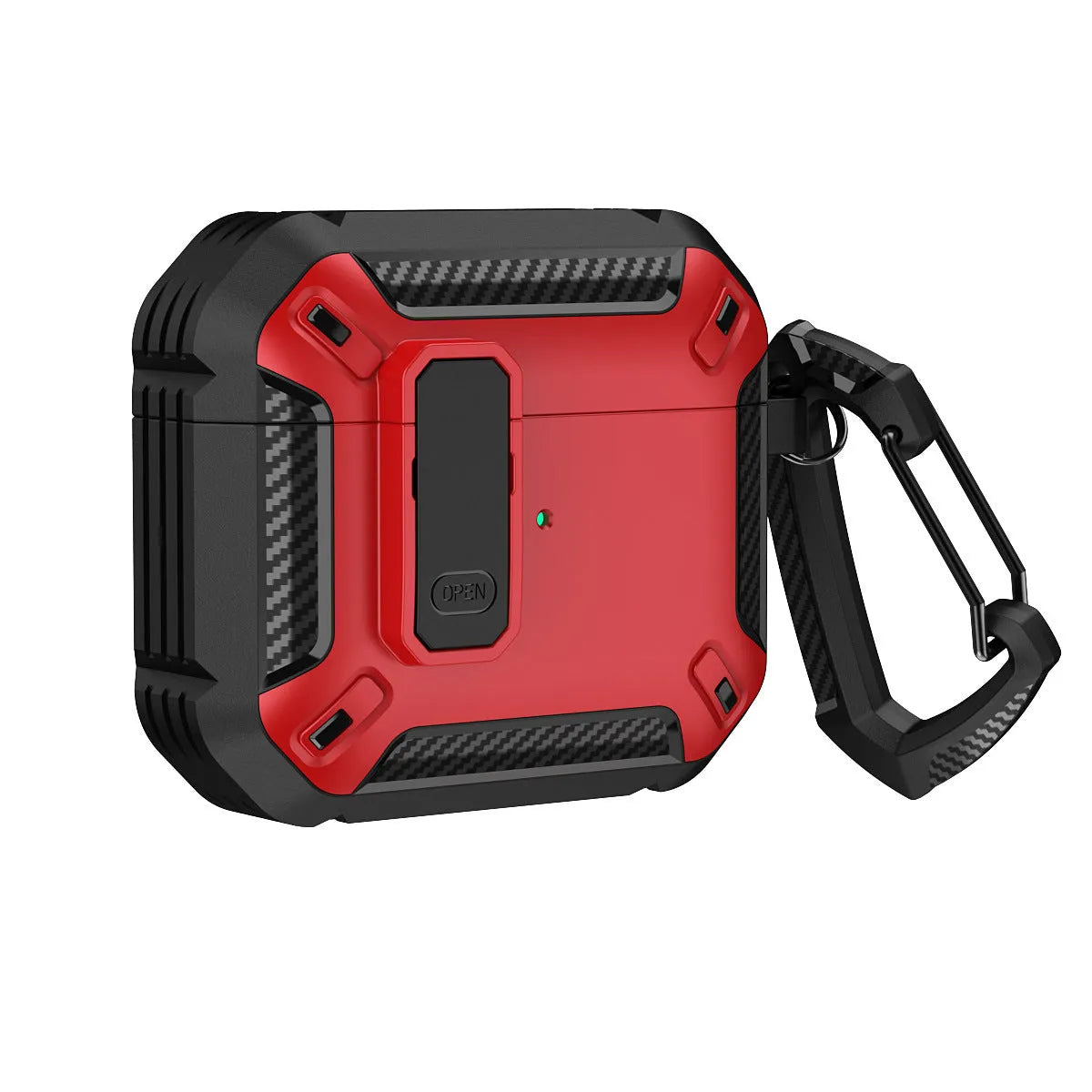 Two-colour plastic clamshell protective case for AirPods with a carrying hook attached.