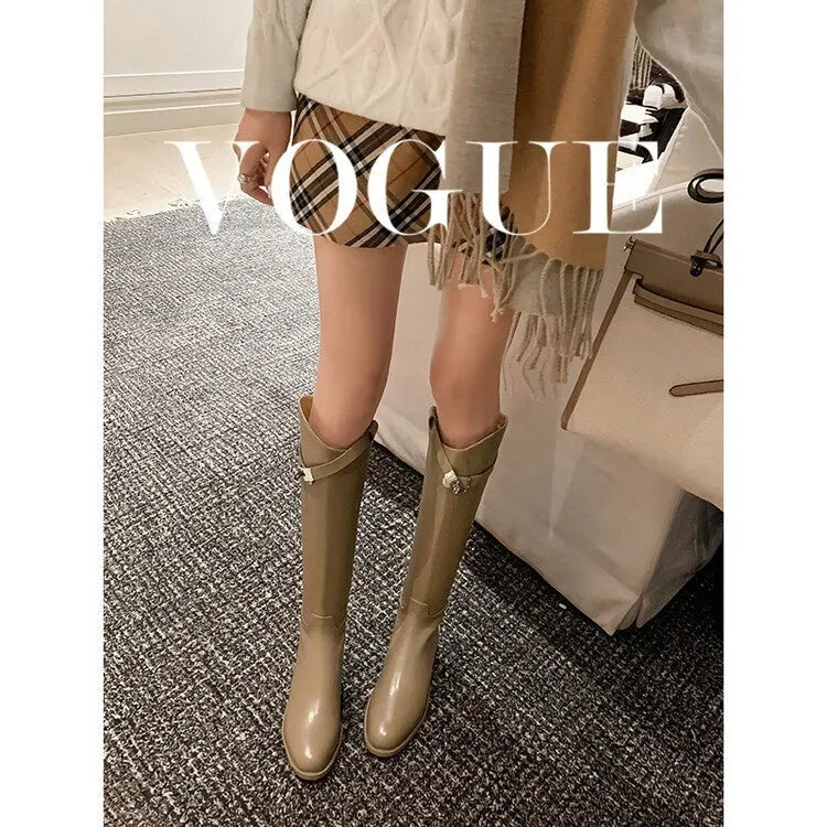 Black cowhide leather lock knight knee-high boots with back zipper and low heel on a neutral background