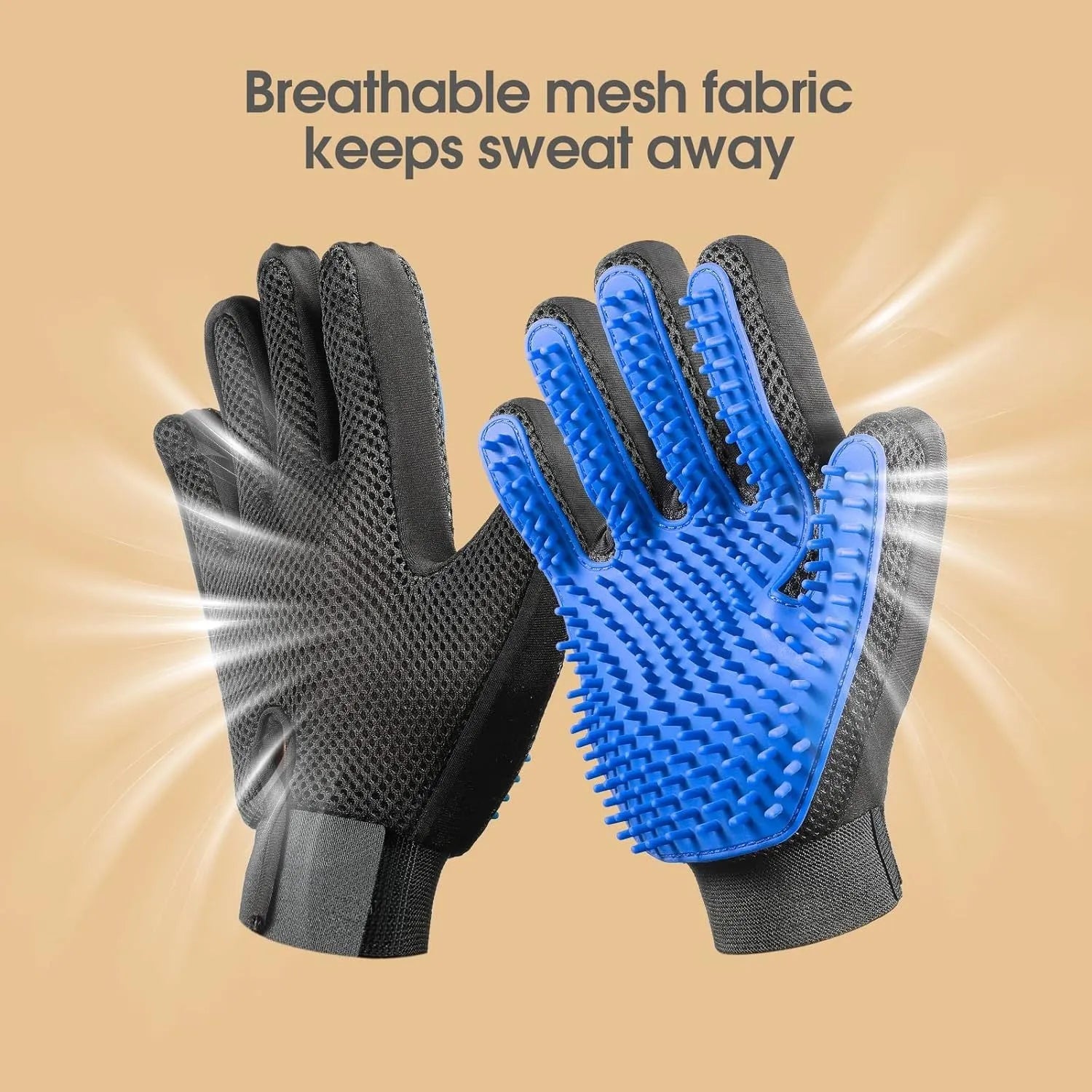 Blue pet grooming gloves with silicone massage tips for dogs cats horses hair removal