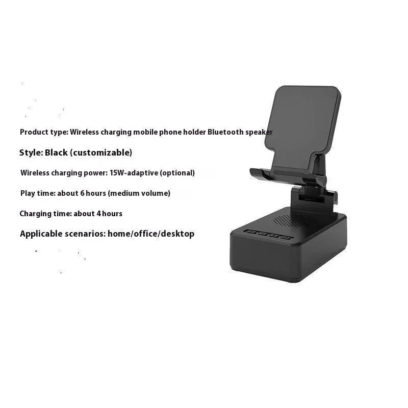Creative three-in-one wireless charging mobile phone holder stand in black plastic, upright design, 15W or 5W models