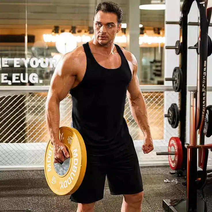 Men's solid colour I-shaped polyester fitness training vest in slim fit, available in black, white, gray, dark gray, blue